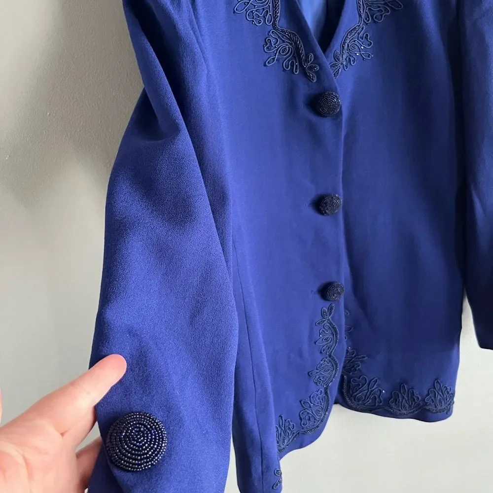 Vintage St Anthony Evening Blue Embroidered Blazer Jacket Wool Size 8
